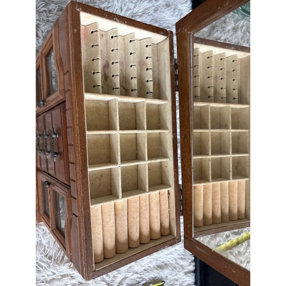 Vintage Wooden Jewelry Box Armoire Etched Glass Doors 4 Drawers Mirror Chest‎